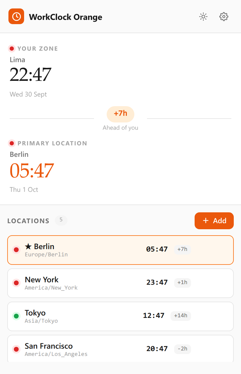 The WorkClock Orange popup showing saved cities with their local time and a working-hours indicator.