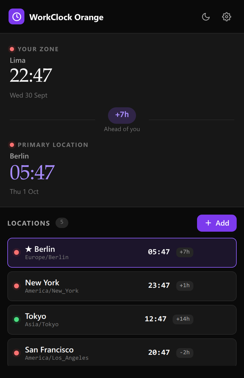 The popup in dark mode with a violet accent.