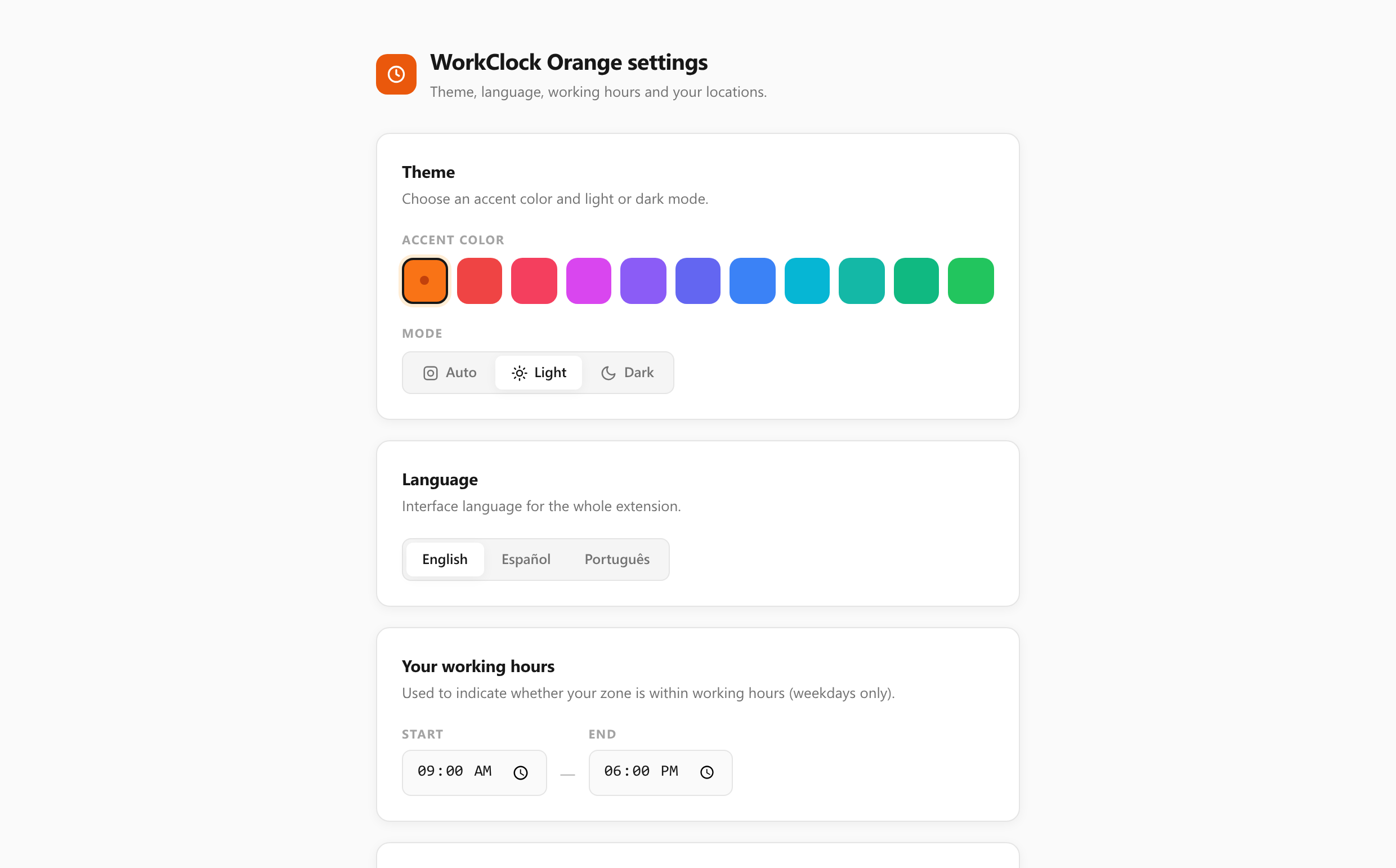 The settings page with theme, language and working hours controls.