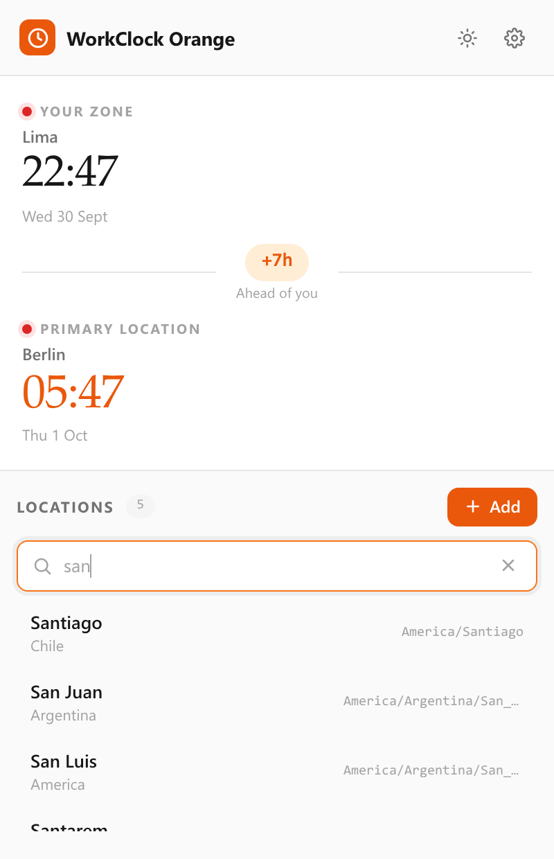 The search panel with matching cities listed.